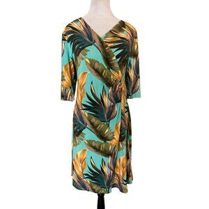 Soft Surroundings Hyannis Aqua Tropical Leaf Faux Wrap Dress Size MP